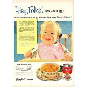 1951 Campbell's Vegetable Soup Blonde Baby Highchair Vintage Print Ad Wall Art